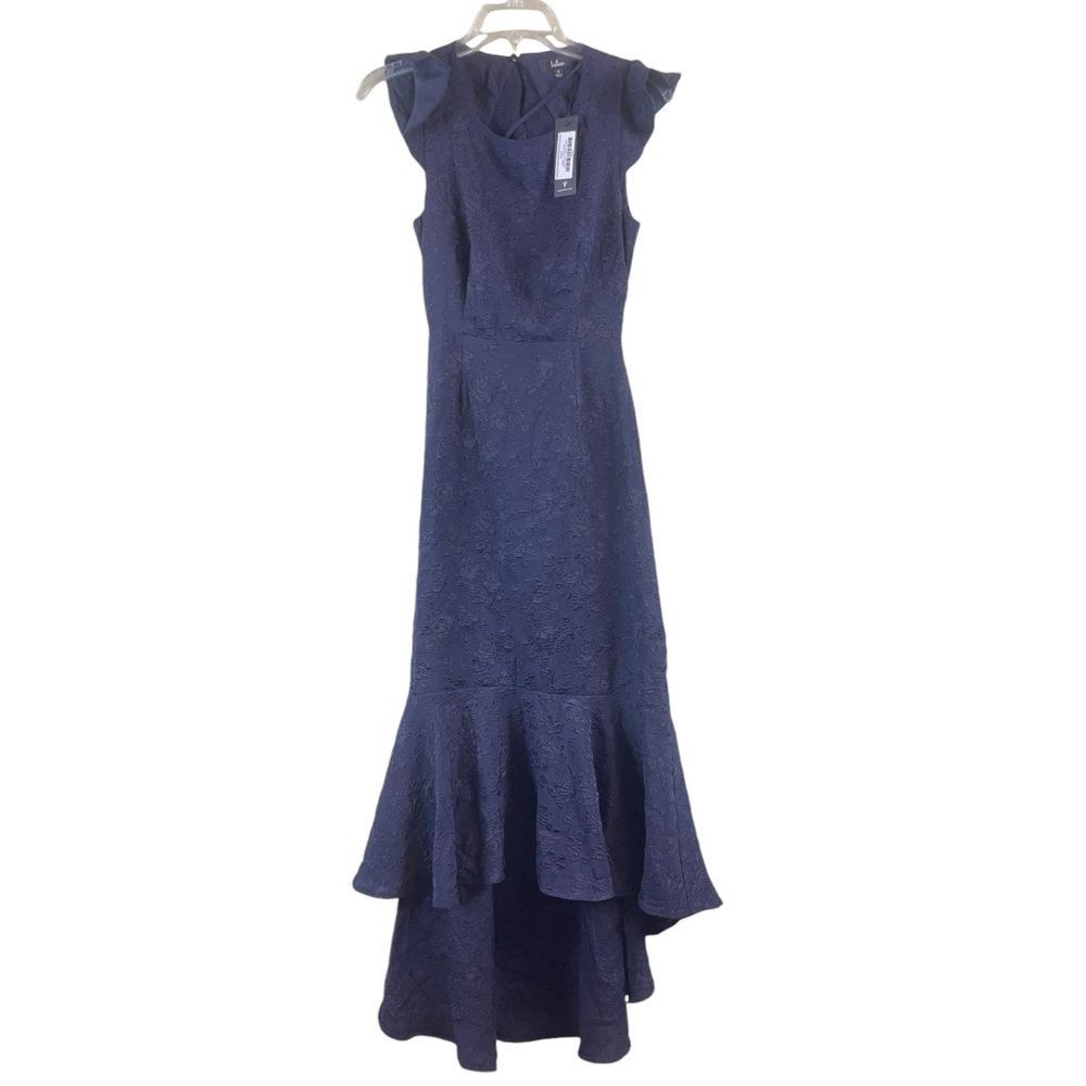 Sophisticated Soiree Navy Blue Jacquard Backless High-Low Dress Size Small